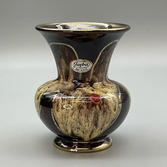 Vintage MCM Jasba Keramik German Pottery Drip Glaze Gold Rim Ceramic Vase 1960s - Picture 1 of 7